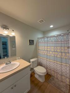 a bathroom with a toilet and a sink and a shower at A Wave From It All - Pool Access in Rockport