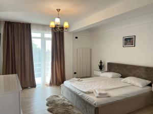 a bedroom with a large bed and a large window at EFORIE STUDIOS in Eforie Nord