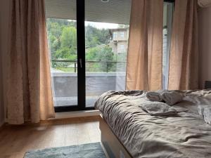 a bedroom with a bed and a large window at Nikol5 Deluxe in Velingrad
