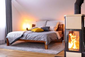 a bedroom with a bed and a fireplace at Dachgeschoss ANNIE in Przyjezierze