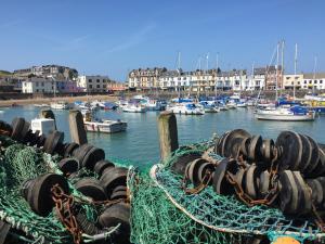 a group of boats tied to a dock with nets at Carlton Hotel in Ilfracombe