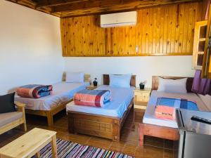 two beds in a room with wooden walls at Dalida House in Dahab