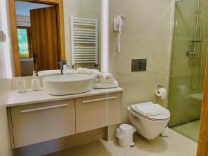 a bathroom with a sink and a toilet and a shower at Noclegi Na Górze - Obrocz 116 in Obrocz +30 photos