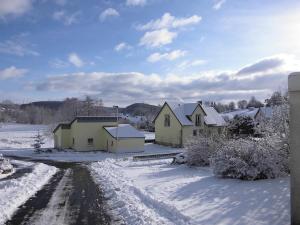 un pueblo cubierto de nieve con casas y una carretera en Ferienhaus Kiesel, en Bad Bocklet
