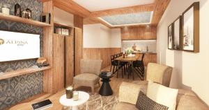 a rendering of a living room and dining room at Résidence Alpina Lodge in Val dʼIsère