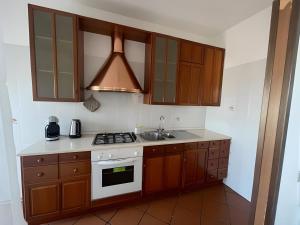 a kitchen with wooden cabinets and a stove top oven at Paradise Palace Apartment 2 in Pula +1 photo