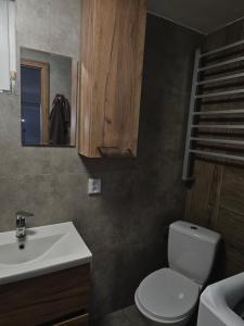 a bathroom with a white toilet and a sink at Apartmán Michalovce - Topolianska in Michalovce +25 photos