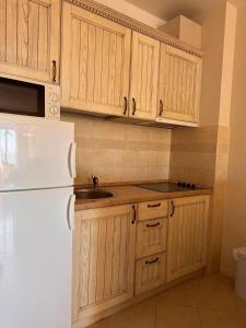 a kitchen with wooden cabinets and a white refrigerator at Apartment 17 in Becici