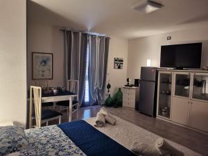 a bedroom with a bed and a desk and a television at Da Rita in Villanova Monteleone