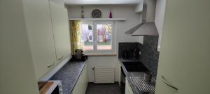 a kitchen with a sink and a window in it at Gemütliches Appartement für Erholung und Sport in Klosters