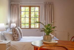 ein Schlafzimmer mit einem Bett und einem Tisch mit einer Pflanze in der Unterkunft Hoogwater Cottage in Wolseley