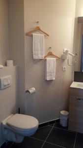 een badkamer met een toilet, een wastafel en handdoeken bij Hotel Belvue in Sault-de-Vaucluse