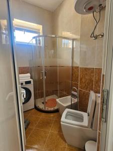 プリシュティナにあるLioNa Center Apartmentのトイレとガラスのシャワー付きのバスルーム