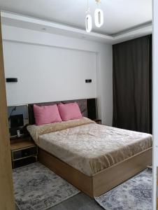 沙姆沙伊赫Suite Deluxe Vip Sharm El Sheik的一间卧室，里面有一张大床，床上放着粉色的枕头。