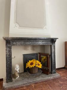 a fireplace with a vase of yellow flowers in it at Once upon a time in Domaso +36 photos
