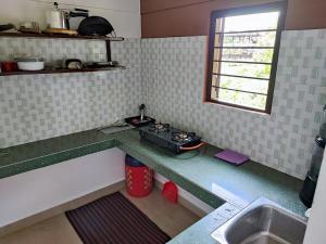 a kitchen with a sink and a counter top at Greenwood Cabins Maroon House in Jorhat