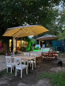 凯麦尔Phaselis Park Camping的一张桌子和椅子,放在大黄伞下