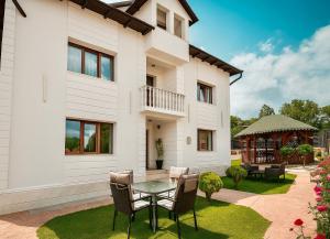 a house with a table and chairs in the yard at Pensiunea Alexia in Novaci-Străini