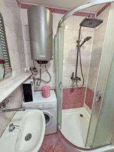 Un pequeño baño con lavabo y ducha. en MorzePort Władysławowo, en Władysławowo