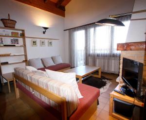 Una sala de estar con un sofá y un televisor en Résidence Arnica 3 pièces, en Nendaz