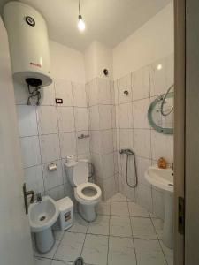 a small bathroom with a toilet and a sink at Klara's Apartment in Fier +6 photos