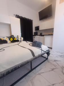 Cama grande en habitación con TV en Apartmány Podol, en Praga 31 fotos más