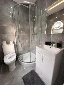ein Badezimmer mit Dusche, Toilette und Waschbecken in der Unterkunft Newly renovated En-Ensuite Private Room with own Kitchenette in Birmingham - Halesowen R4 in Sleightholme + 4 Fotos
