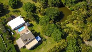 an overhead view of a house with a pool and trees at Lazy Tilapia in Baie du Tombeau
