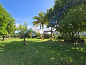 a park with palm trees and a house at Lazy Tilapia in Baie du Tombeau