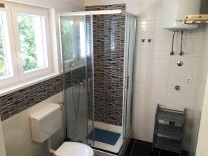 a bathroom with a toilet and a glass shower at Holiday Home Darko in Novalja
