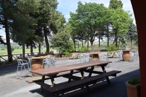 ein Picknicktisch mit Stühlen und Tischen in einem Park in der Unterkunft Il Bracconiere in Fonteblanda