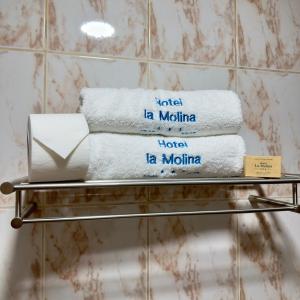 a stack of towels on a rack in a bathroom at Hotel La Molina in Lima