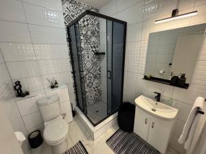 a bathroom with a shower and a toilet and a sink at Weavers Nest 34 in Windhoek +24 photos
