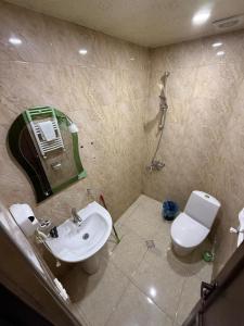 a bathroom with a sink and a toilet and a mirror at Hotel Svanseti in Mestia