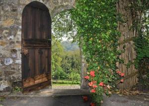 einen Eingang zu einem Gebäude mit einer Holztür und Blumen in der Unterkunft Yarde cottage rural Devon Dog friendly in Membury