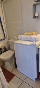 a white bathroom with a toilet and a sink at Studio 181 Albion Residence Beautiful view and pool! in Aix-les-Bains +6 photos