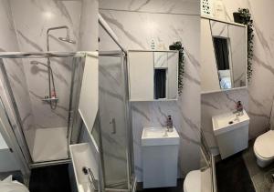 un bagno con doccia, due lavandini e un WC di Peeams Abode Erith a Erith