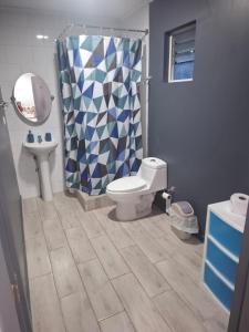 a bathroom with a toilet and a shower curtain at Departamento centrico in Valdivia