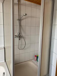 a shower with a shower head in a bathroom at Dachgeschosswohnung im zweiten Obergeschoss in Bruck in der Oberpfalz +15 photos