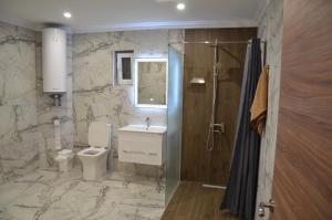 a bathroom with a toilet and a sink and a shower at Стаи за гости Мартинови in Zlatograd +37 photos
