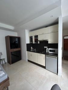 une cuisine avec des armoires blanches et un comptoir dans l'établissement no9, Stylish apartment in Bratislava, à Bratislava