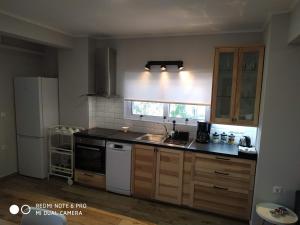 a kitchen with a sink and a counter top at Evan's place in Chorafakia