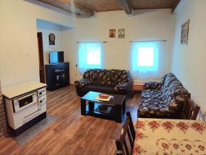 a living room with a couch and a stove at Stone house in Plužine