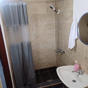 a bathroom with a shower and a sink at Stone house in Plužine +5 photos