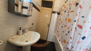 a bathroom with a sink and a shower curtain at Casa Nonna Rosa in Balestrate