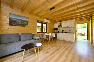 a living room with a couch and a table at GOŁOSANKA - Domki nad Potokiem - NOWOŚĆ 2024 in Berezka +15 photos