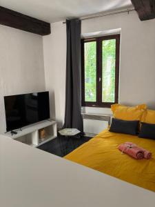 a bedroom with a yellow bed and a flat screen tv at A 4 mn de Grenette Hypercentre in Grenoble