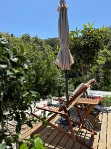 une chaise et un parasol sur une terrasse en bois dans l'établissement The Garden House, Sitia, à Siteía