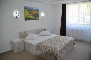 a bedroom with a large bed and a window at Pensiunea Sorina Casa Alba in Moieciu de Sus