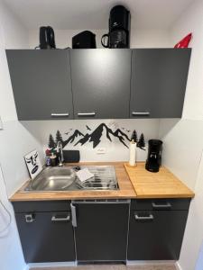 a kitchen with a sink and a counter top at Exklusive FeWo AllgäuStern Steibis mit WLAN Sauna Kamin und Oberstaufen PLUS Card mit SKIPASS in Oberstaufen